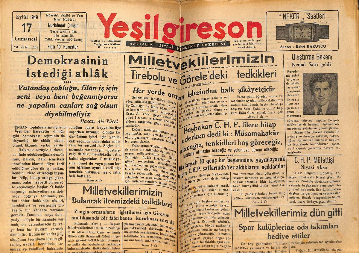 Yeşilgiresun Gazetesi 31 Aralık 1949 - Tirebolu CHP İlçe Kongresi Yapıldı - THK Yıllık Toplantısı GZ153754 - 1