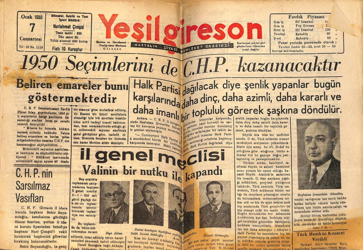 Yeşilgiresun Gazetesi 7 Ocak 1950 - CHP Kadınlar Kolu Kuruldu - Türk Pilotlarının Talim Ve Terbiyesi GZ153753 - 1