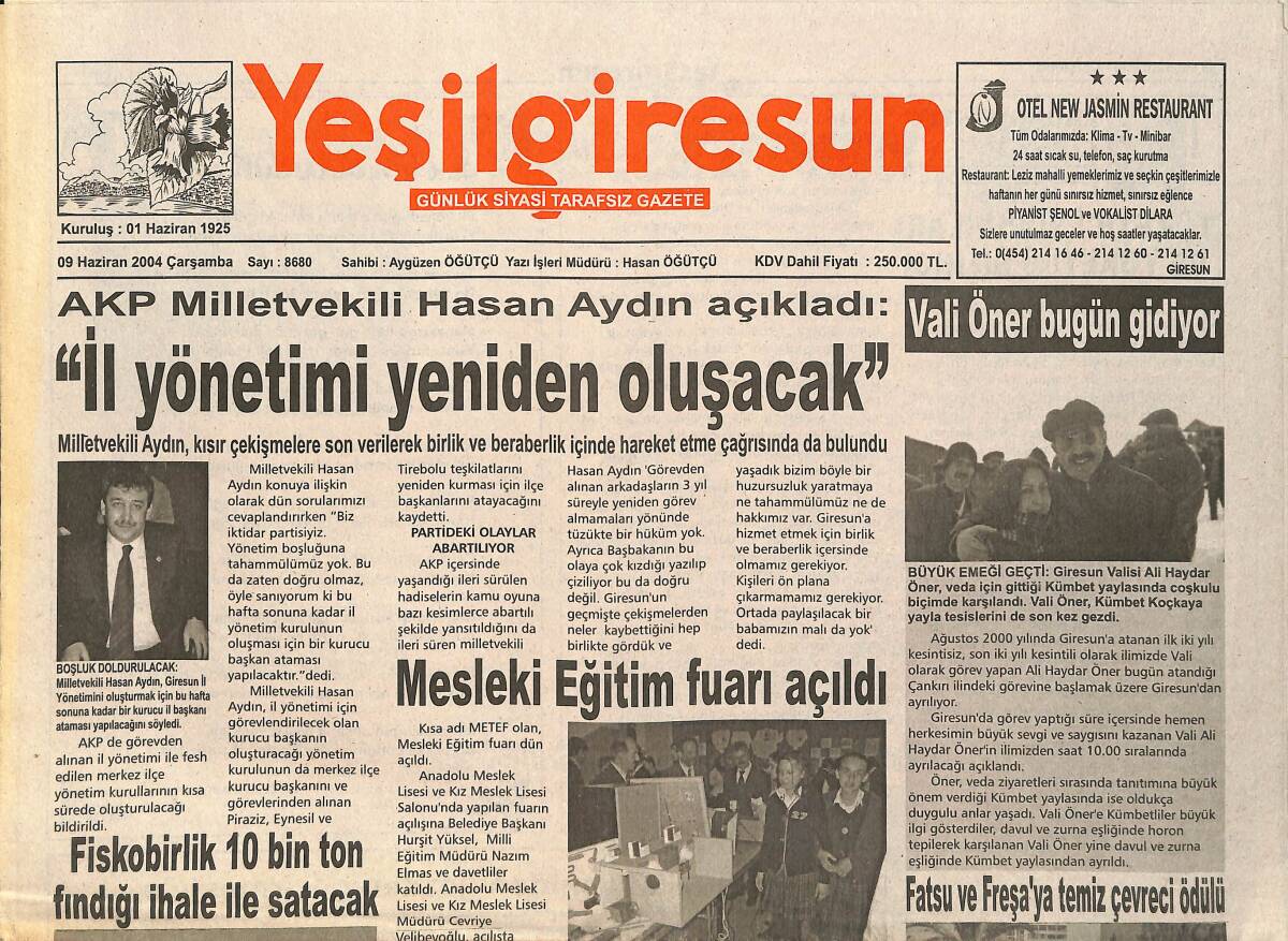 Yeşilgiresun Gazetesi 9 Haziran 2004 - Fatsu Ve Freşa'ya Temiz Çevreci Ödülü - Fiskobirlik 10 Bin Ton Fındığı İhale İle Satacak GZ2632 - 1