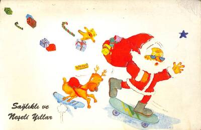 Yılbaşı (Yeniyıl) Noel Baba Temalı Açılır Kapak Yaldızlı Kartpostal KRT15909 - 1