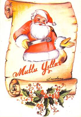 Yılbaşı (Yeniyıl) Noel Baba Temalı Yaldızlı Kartpostal KRT15455 - 1
