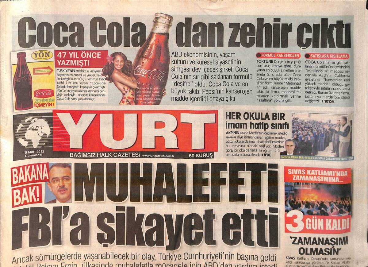 Yurt Gazetesi 10 Mart 2012 - Femen Sınırdışı Edildi - Coca-Cola'dan Zehir Çıktı GZ159821 - 1