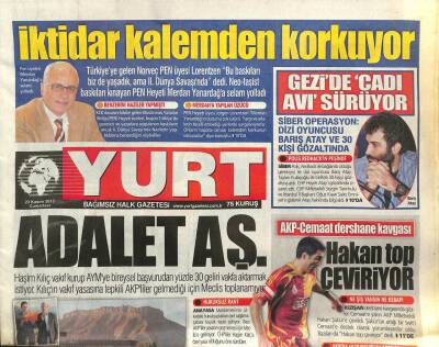 Yurt Gazetesi 23 Kasım 2013 - Siber Operasyon Dizi Oyuncusu Barış Atay Ve 30 Kişi Gözaltında GZ100685 - 1