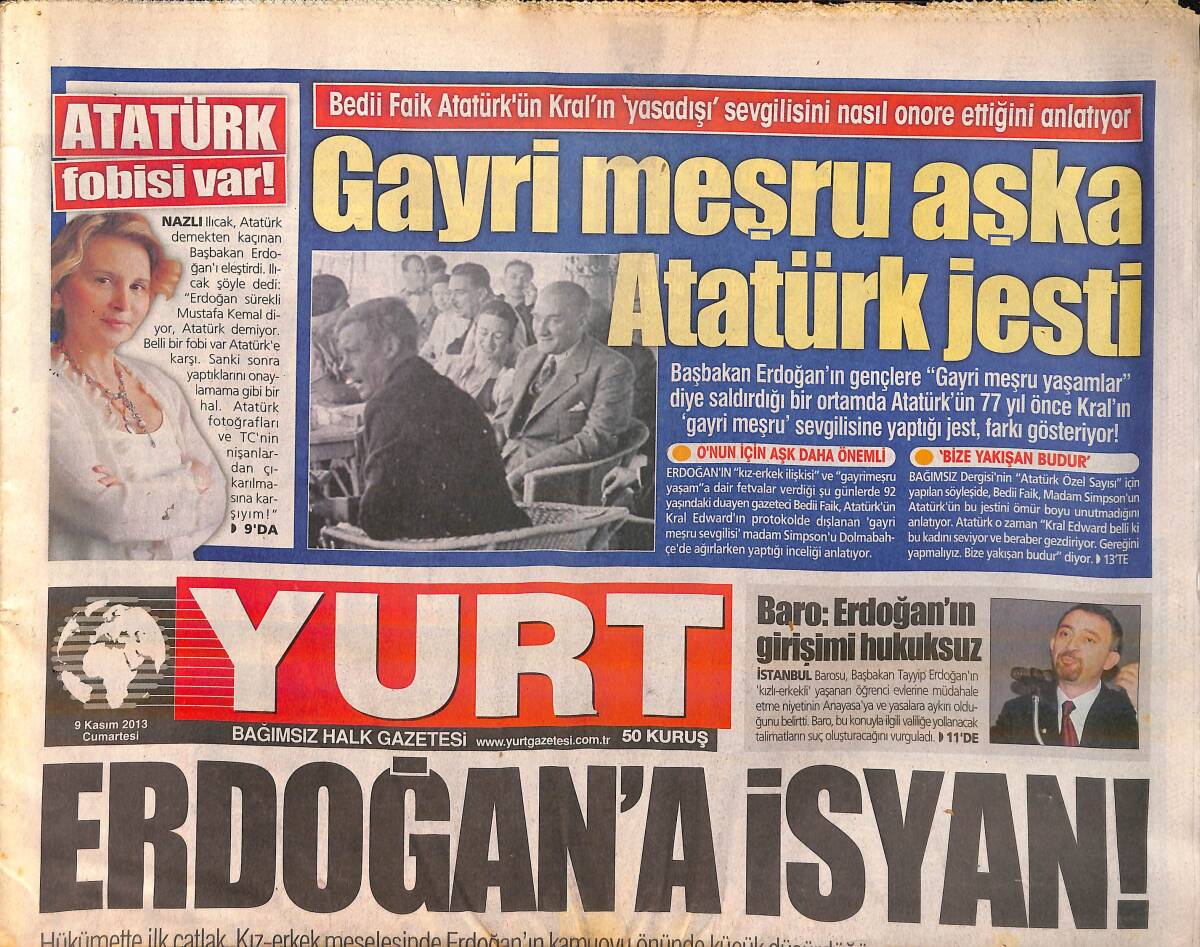 Yurt Gazetesi 9 Kasım 2013 - Erdoğan'a Suç Duyurusu - Bolivya Chavez'in Heykelini Dikti GZ159822 - 1