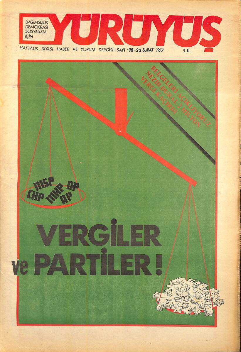 Yürüyüş Haftalık Siyasi Haber ve Yorum Dergisi 22 Şubat 1977 Sayı 98 - Vergiler ve Partiler - Nezih Dural 2 Milyon Vergi Kaçırdı NDR94515 - 1