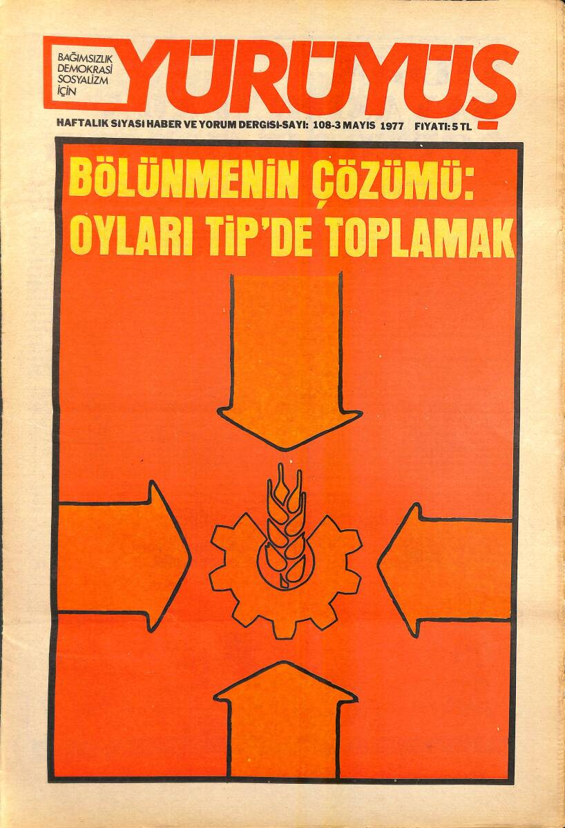 Yürüyüş Haftalık Siyasi Haber ve Yorum Dergisi 3 Mayıs 1977 Sayı 108 - Bölünmenin Çözümü: Oyları TİP'de Toplamak NDR94523 - 1