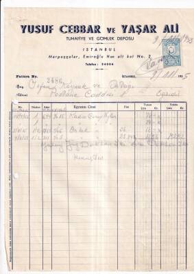 YUSUF CABBAR VE YAŞAR ALİ TUHAFİYE VE GÖMLEK DEPOSU.1955 YILI FATURA - 1