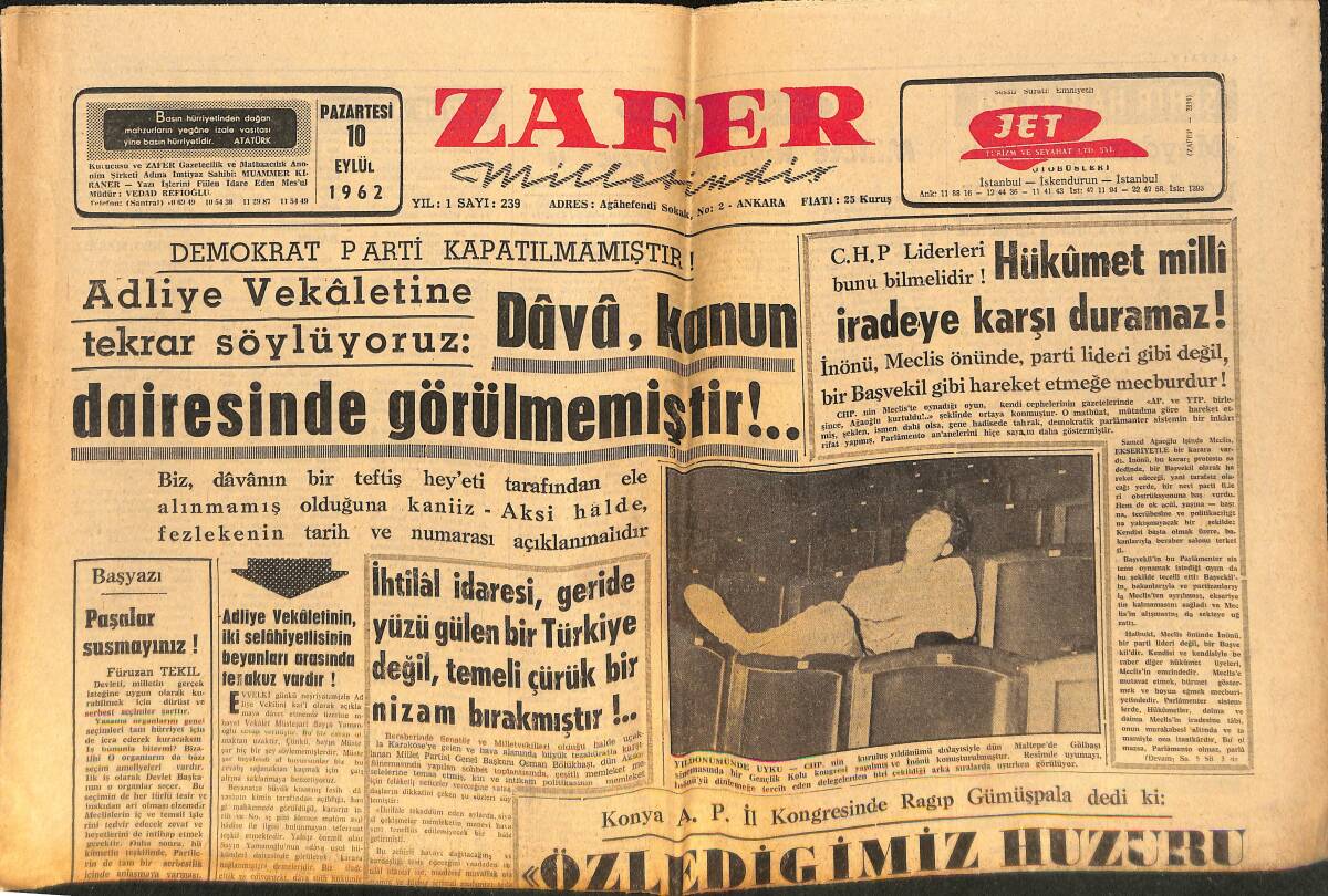 Zafer Gazetesi 10 Eylül 1962 - İzmir'in Kurtuluş Yıldönümü Kutlandı - Bir Kereste Deposu Kasten Yakıldı GZ149053 - 1
