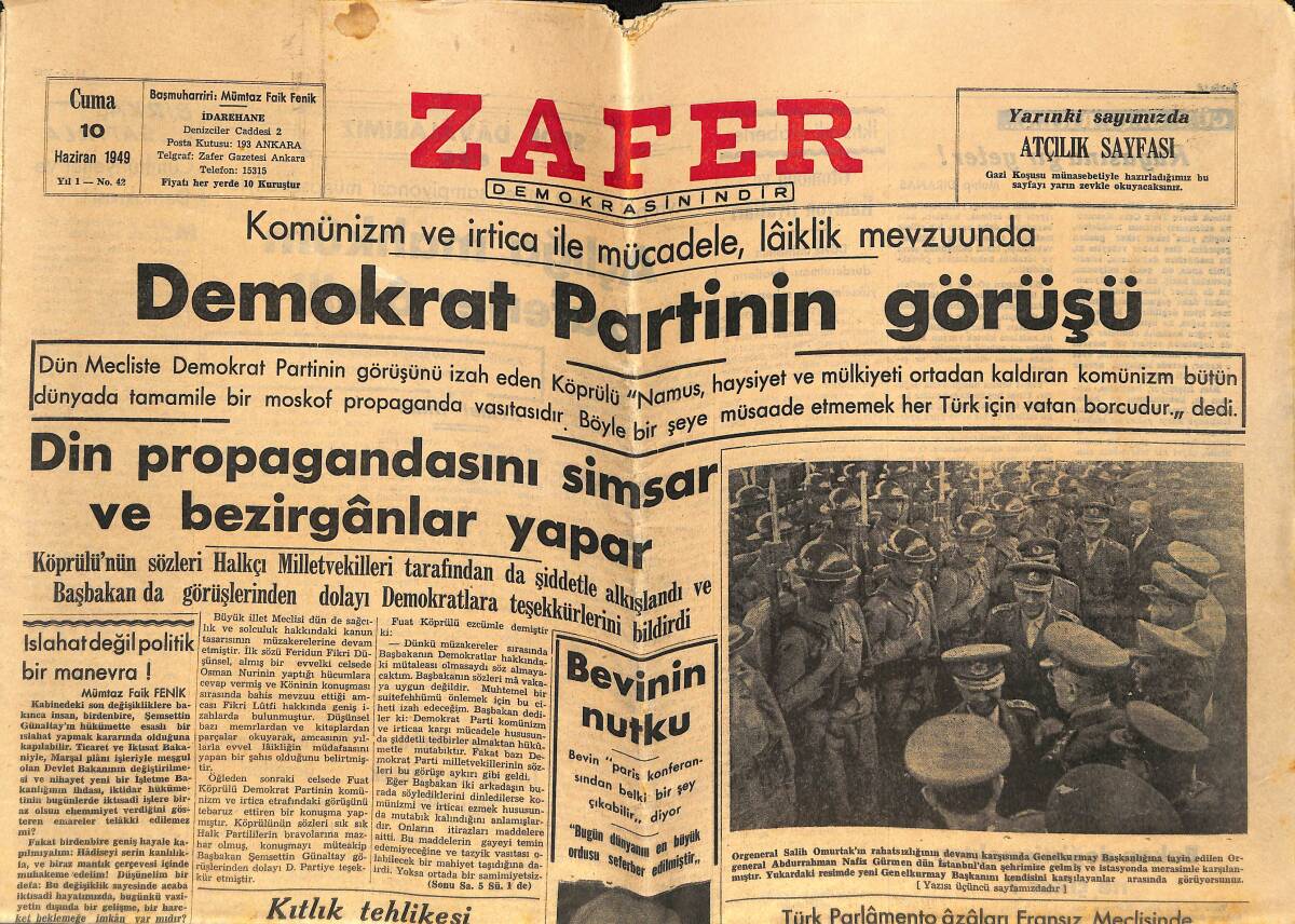 Zafer Gazetesi 10 Haziran 1949 - Celâl Bayar Karabük'e Gidiyor - Demokrat Partinin Görüşü GZ142401 - 1