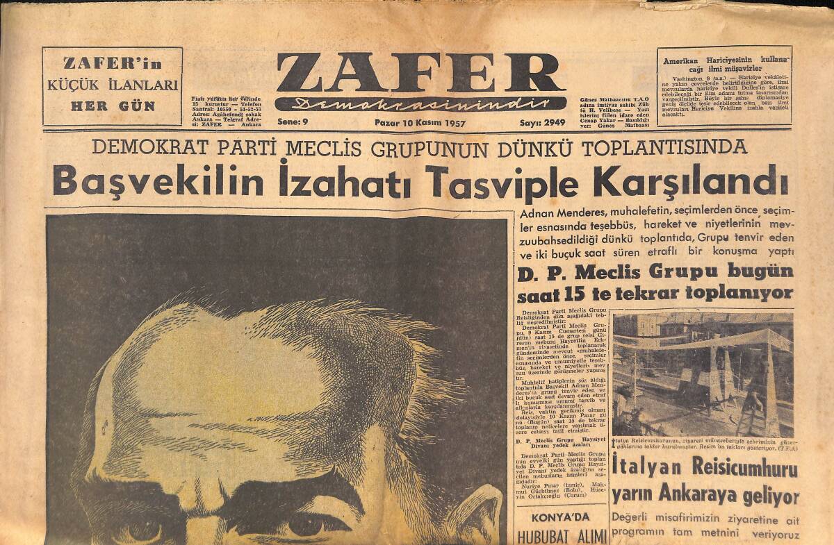 Zafer Gazetesi 10 Kasım 1957 - Bugün Atamızı Anıyoruz, İzindeyiz Atam - Atatürk Ve Güzel Sanatlar GZ132508 - 1