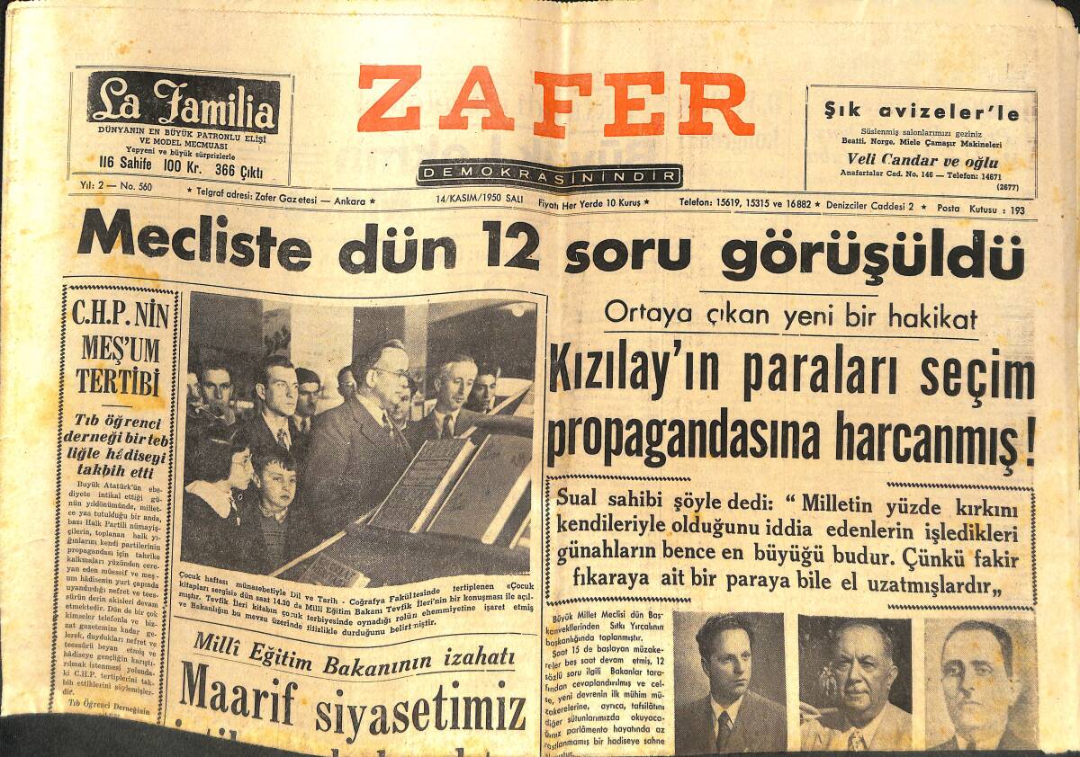 Zafer Gazetesi 14 Kasım 1950 - Mecliste Dün 12 Soru Görüşüldü - Kemali Bayezidin Bir Haksızlığı Tamir Edildi! GZ142570 - 1
