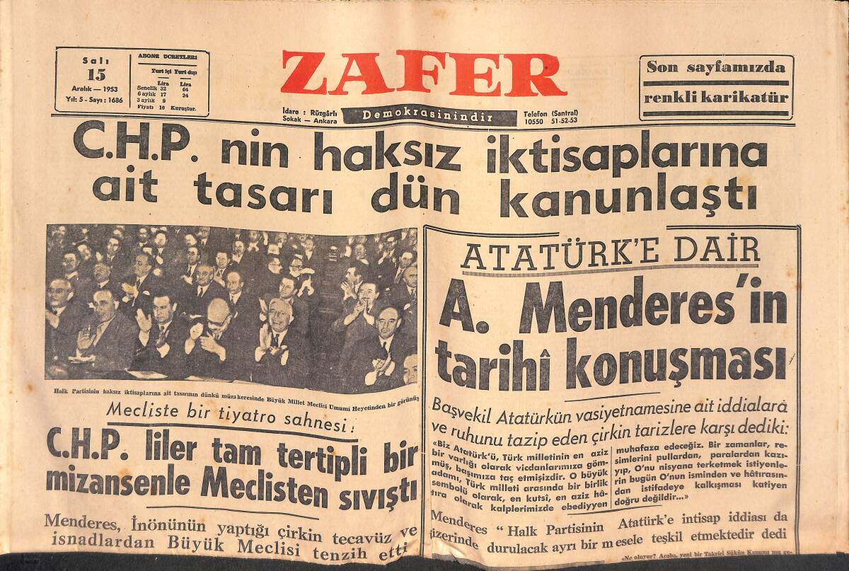 Zafer Gazetesi 15 Aralık 1953 - Atatürk'e Dair Adnan Menderes'in Tarihi Konuşması GZ134613 - 1
