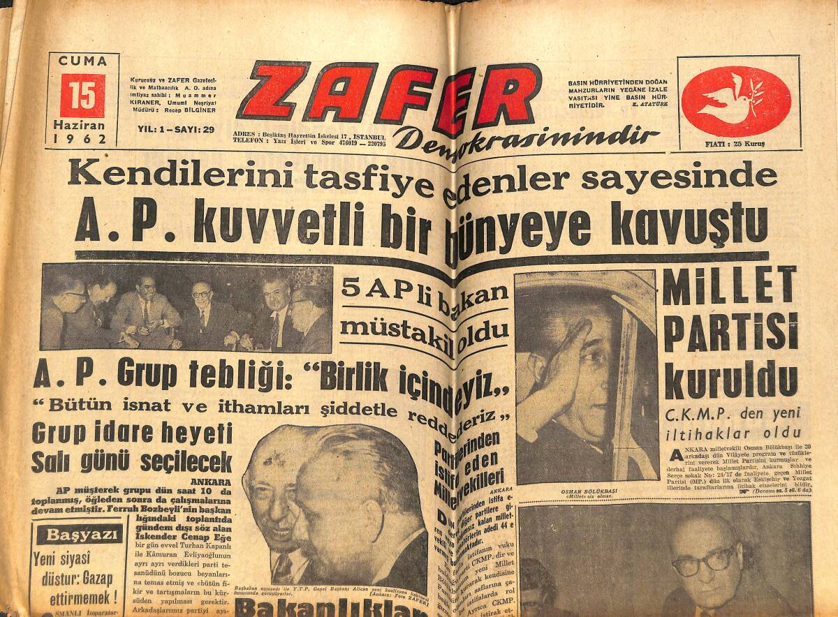 Zafer Gazetesi 15 Haziran 1962 - A.P. Grup Tebliği : Birlik İçindeyiz GZ142912 - 1