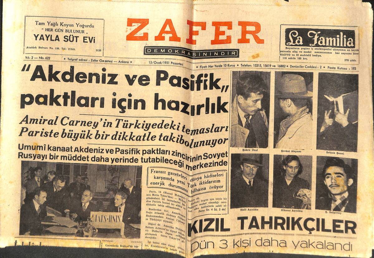 Zafer Gazetesi 15 Ocak 1951 - Akdeniz Ve Pasifik Paktları İçin Hazırlık - Münevverleri Bekleyen Milli Bir Vazife! GZ142568 - 1