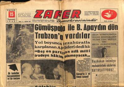 Zafer Gazetesi 15 Temmuz 1962 - Gümüşpala Ve Apaydın Trabzona Vardılar GZ66061 - 1