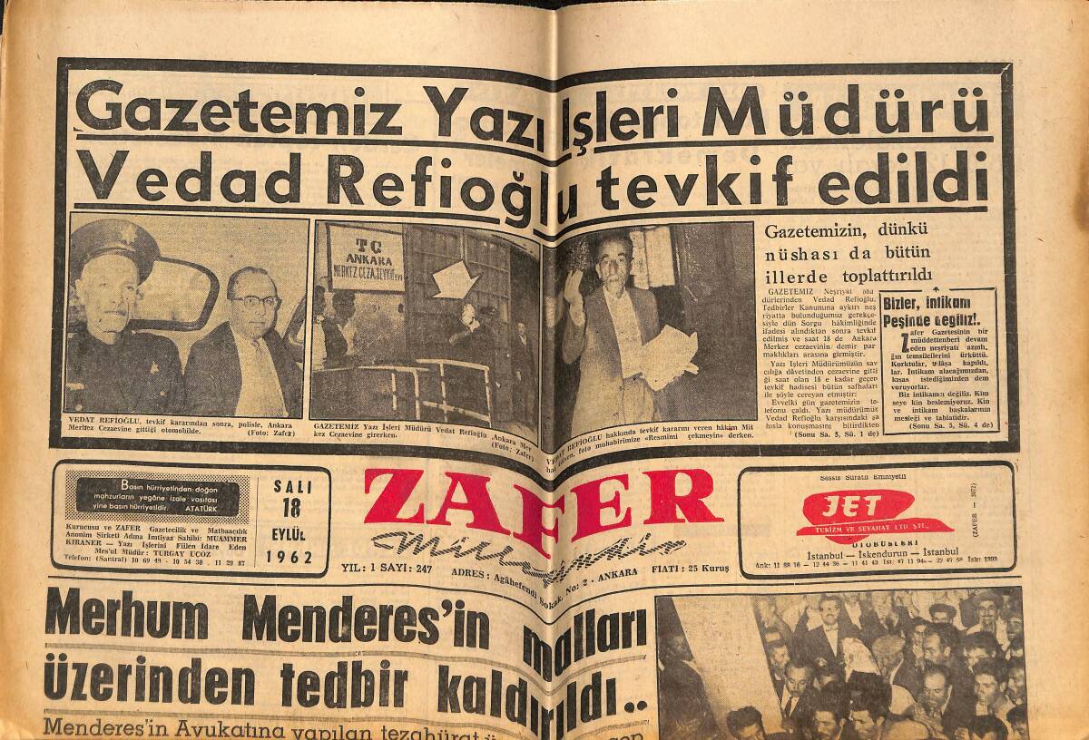 Zafer Gazetesi 18 Eylül 1962 - Merhum Menderes'in Malları Üzerinden Tedbir Kaldırıldı... - Arjantin'de Bir Hükümet Darbesi Teşebbüsü Daha GZ148822 - 1