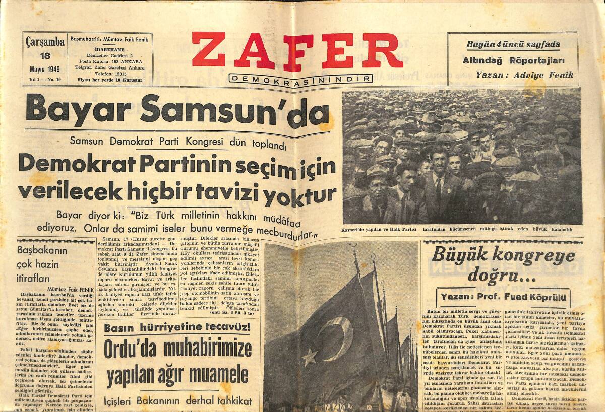 Zafer Gazetesi 18 Mayıs 1949 - Bayar Samsun'da - Paulette Goddard, Elaine Shepard İle Beraber - Asrın Büyük Dehası Şarlo GZ142352 - 1