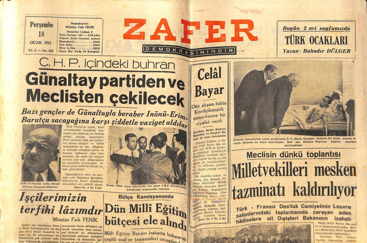 Zafer Gazetesi 18 Ocak 1951 - Milletvekilleri Mesken Tazminatı Kaldırılıyor - Günaltay Partiden Ve Meclisten Çekilecek GZ142569 - 1
