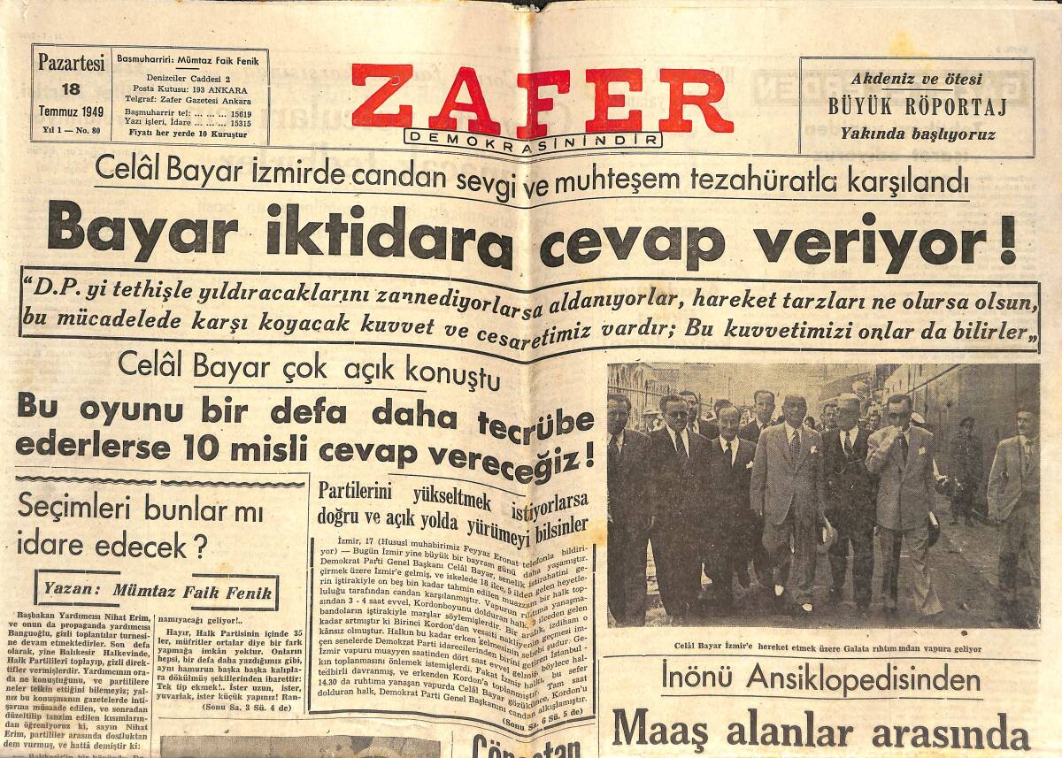 Zafer Gazetesi 18 Temmuz 1949 - Celal Bayar İzmir'de Candan Sevgi Ve Muhteşem Tezahüratla Karşılandı GZ142326 - 1
