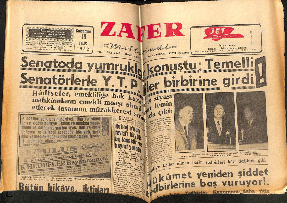 Zafer Gazetesi 19 Eylül 1962 - R.Denktaş'a Suikast Teşebbüslerinde Bulunuldu - Rifat Öçten'in Tutumu Memnuniyet Yarattı GZ148712 - 1