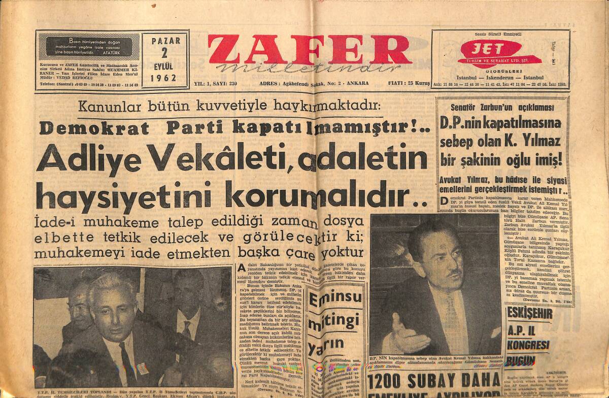 Zafer Gazetesi 2 Eylül 1962 - Can Bartu Atletico Maçına Hazır - Eskişehir AP İl Kongresi Bugün GZ148891 - 1