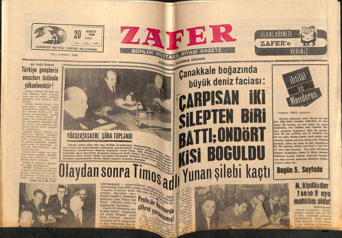 Zafer Gazetesi 20 Şubat 1968 - Çanakkale Boğazında Büyük Deniz Faciası GZ148732 - 1
