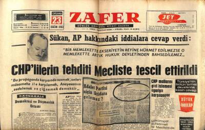Zafer Gazetesi - 23 Ekim 1963 - CHPlilerin Tehditi Mecliste Tescil Ettirildi GZ110368 - 1