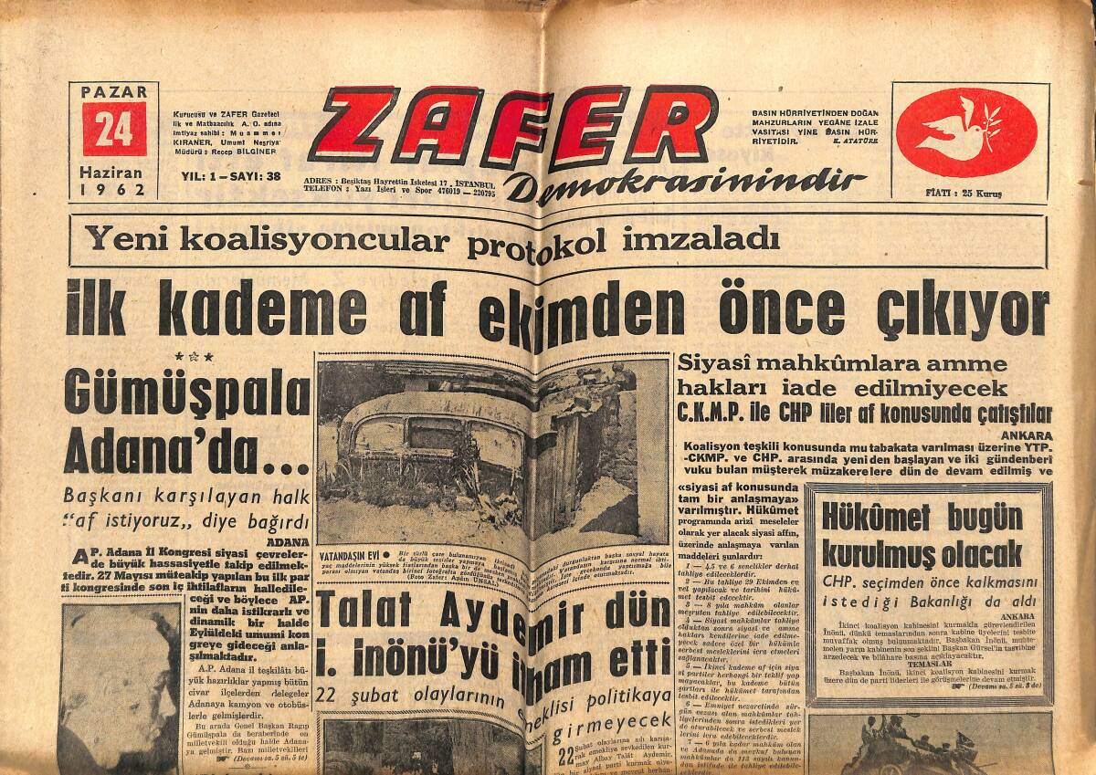 Zafer Gazetesi 24 Haziran 1962 - Telefoncu Ayten'in Egesel'e Yolladığı Mektup Ele Geçti - Baş Güreşleri Hadiseli Başladı GZ143343 - 1