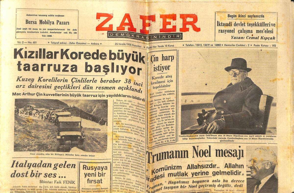 Zafer Gazetesi 25 Aralık 1950 - Kızıllar Türkiye'de Büyük Taaruza Başlıyor - Trumanın Noel Mesajı - İtalya'da Gelen Dost Bir Ses! GZ142573 - 1