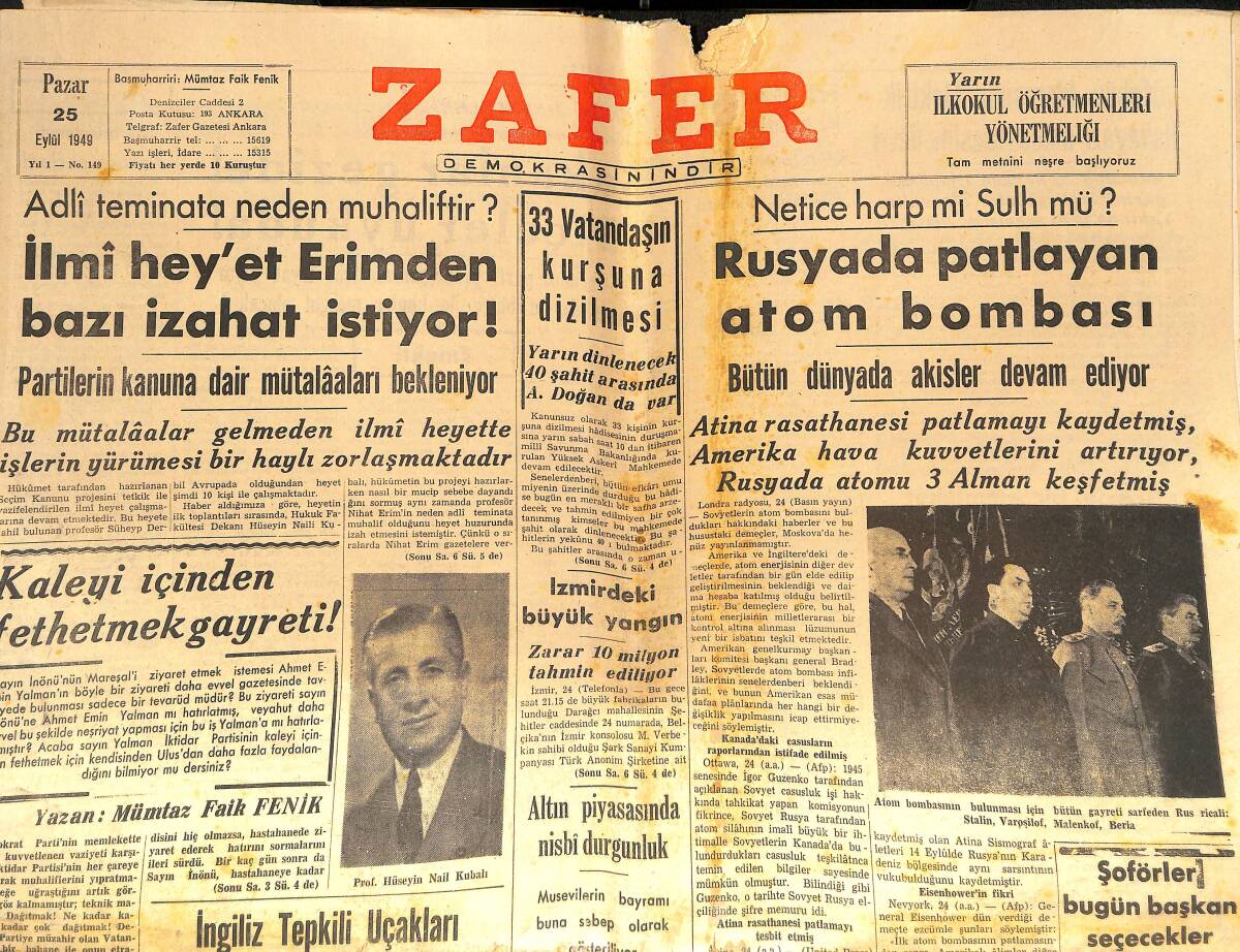 Zafer Gazetesi 25 Eylül 1949 - Rusya'da Patlayan Atom Bombası - Netice Harp Mi Sulh Mü? GZ142510 - 1