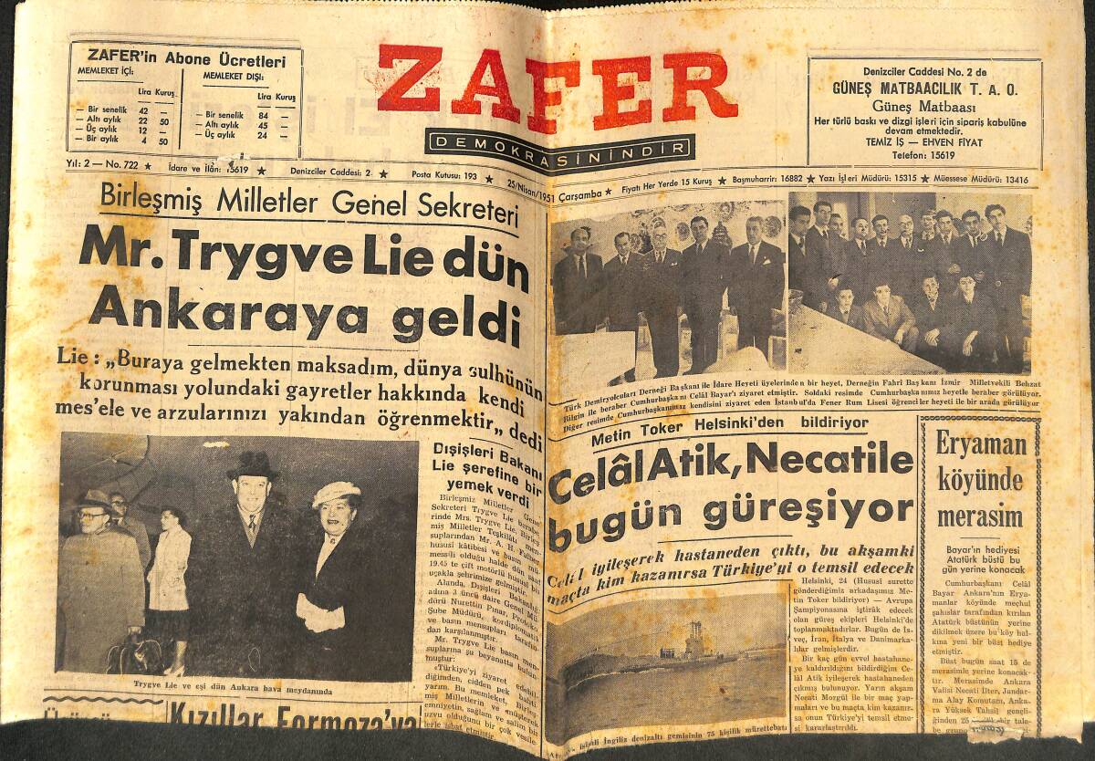 Zafer Gazetesi 25 Nisan 1951 - Mr. Trygve Lie Dün Ankara'ya Geldi - Vehbi Emre'nin Dünkü Duruşması GZ142571 - 1