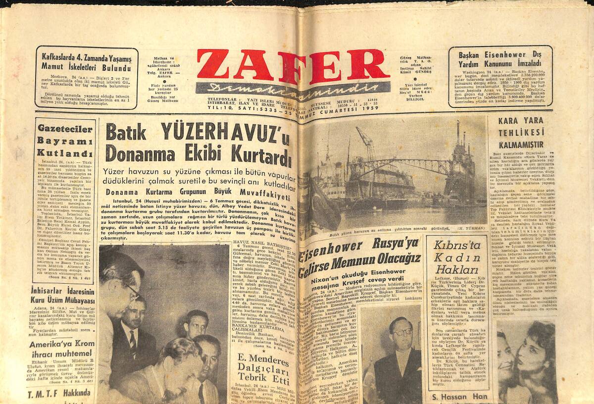 Zafer Gazetesi 25 Temmuz 1959 - İstanbul'da Film Deposunda Yangını Hakkında Tahkikat - İnönü Planör Uçuş Kampı GZ158928 - 1