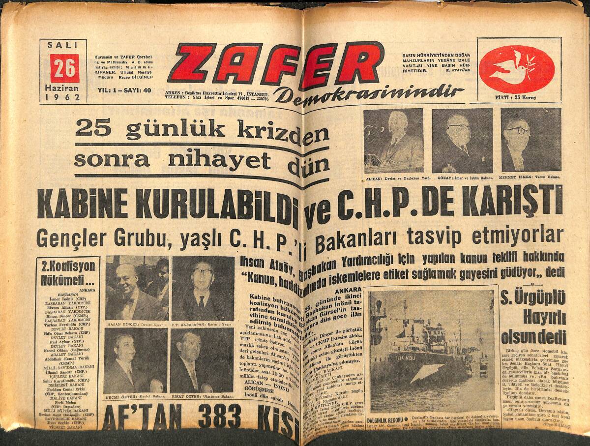 Zafer Gazetesi 26 Haziran 1962 - Sovyet Konsolosluğunda Şüpheli Bir Ölüm Oldu - Metin Oktay Dönmekte Kararlı GZ143347 - 1