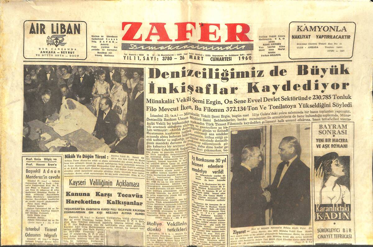 Zafer Gazetesi 26 Mart 1960 - Denizciliğimiz De Büyük İnkişaflar Kaydediliyor - Danimarka İle Ticari Münasebat Artırılıyor GZ141841 - 1