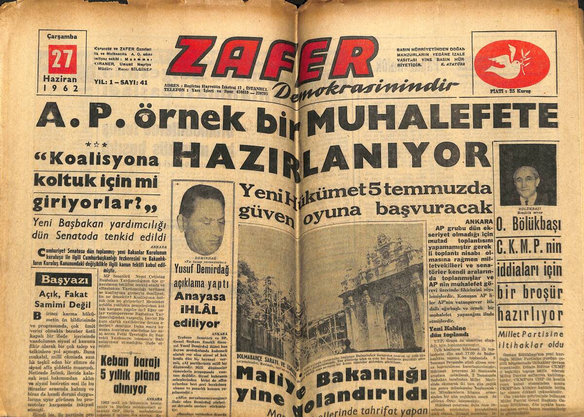 Zafer Gazetesi 27 Haziran 1962 - Maliye Bakanlığı Yine Dolandırıldı - Keban Barajı 5 Yıllık Plâna Alınıyor GZ142945 - 1