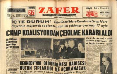 Zafer Gazetesi - 27 Kasım 1963 - Kennedynin Öldürülmesi Hadisesi Bütün Çıplaklığı İle Açıklanacak GZ110342 - 1