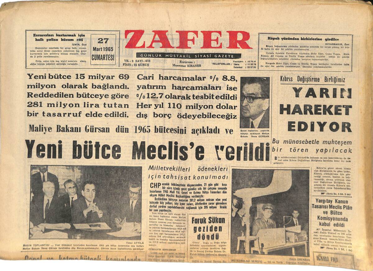 Zafer Gazetesi 27 Mart 1965 - Seylan'da Yeni Hükümet, İktidarı Devraldı - Habib Burgiba'nın Dünkü Temasları GZ144927 - 1