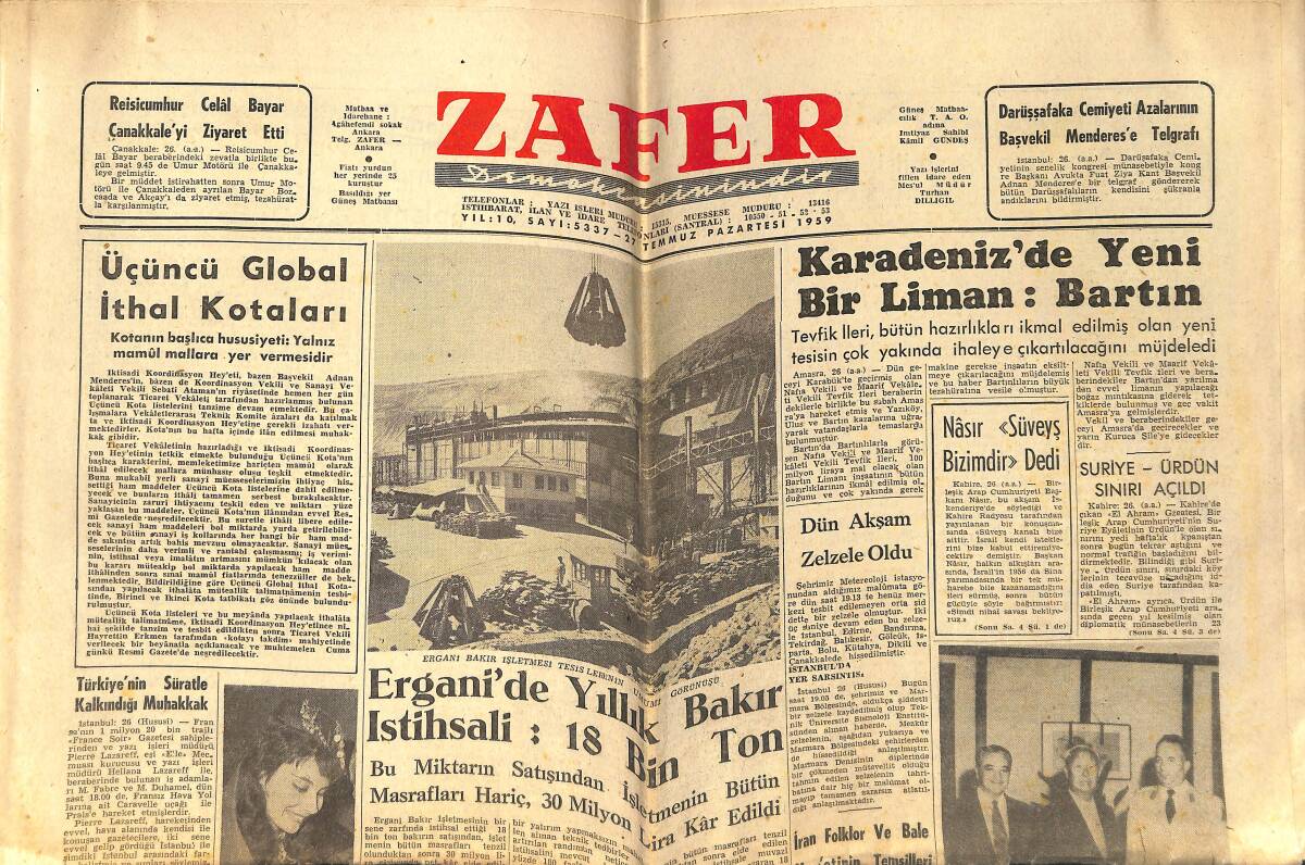 Zafer Gazetesi 27 Temmuz 1959 - Karadeniz'de Yeni Bir Liman 