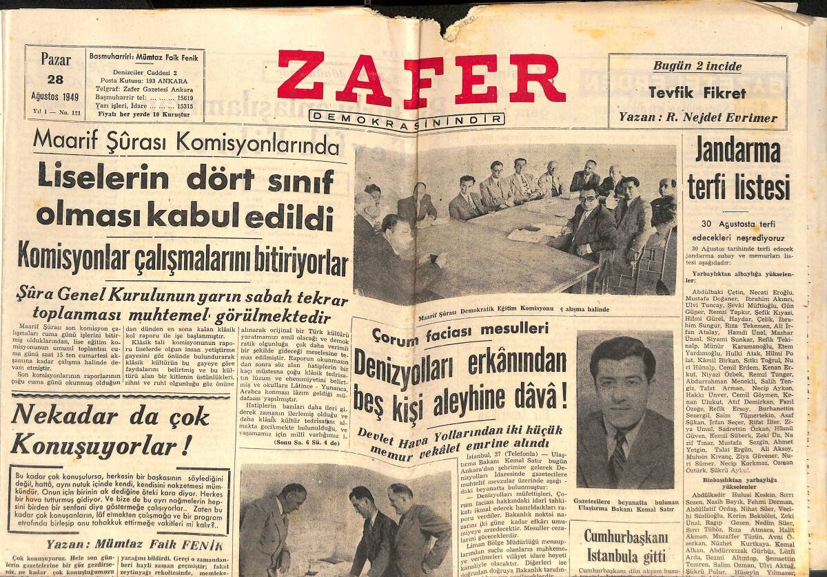 Zafer Gazetesi 28 Ağustos 1949 - Denizyolları Erkanından Beş Kişi Aleyhine Dava! - Liselerin Dört Sınıf Olması Kabul Edildi! GZ142511 - 1