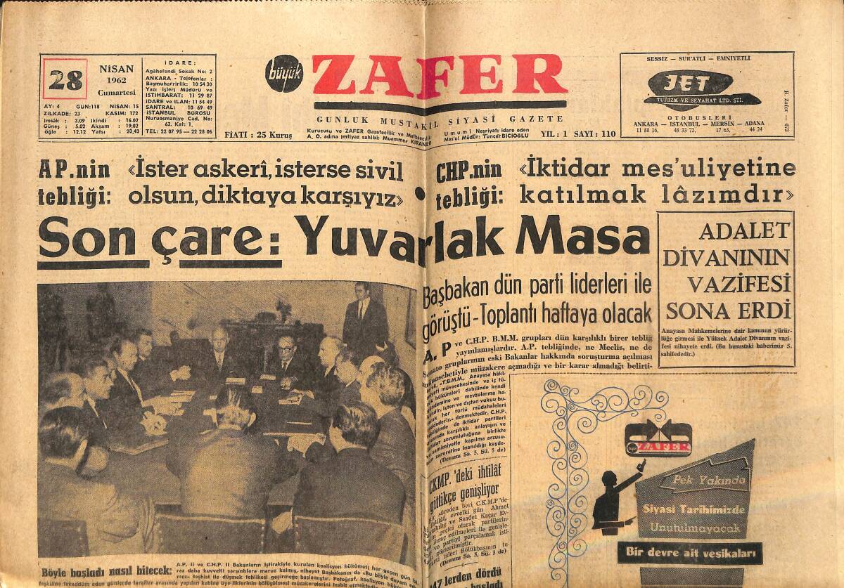 Zafer Gazetesi 28 Nisan 1962 - Genç Kızların Rüyasına Giren Televizyon Artisti: Vince Edwards - Kennedy Başkanlığı Kazanmasını Halk Makinasına Borçlu GZ149012 - 1