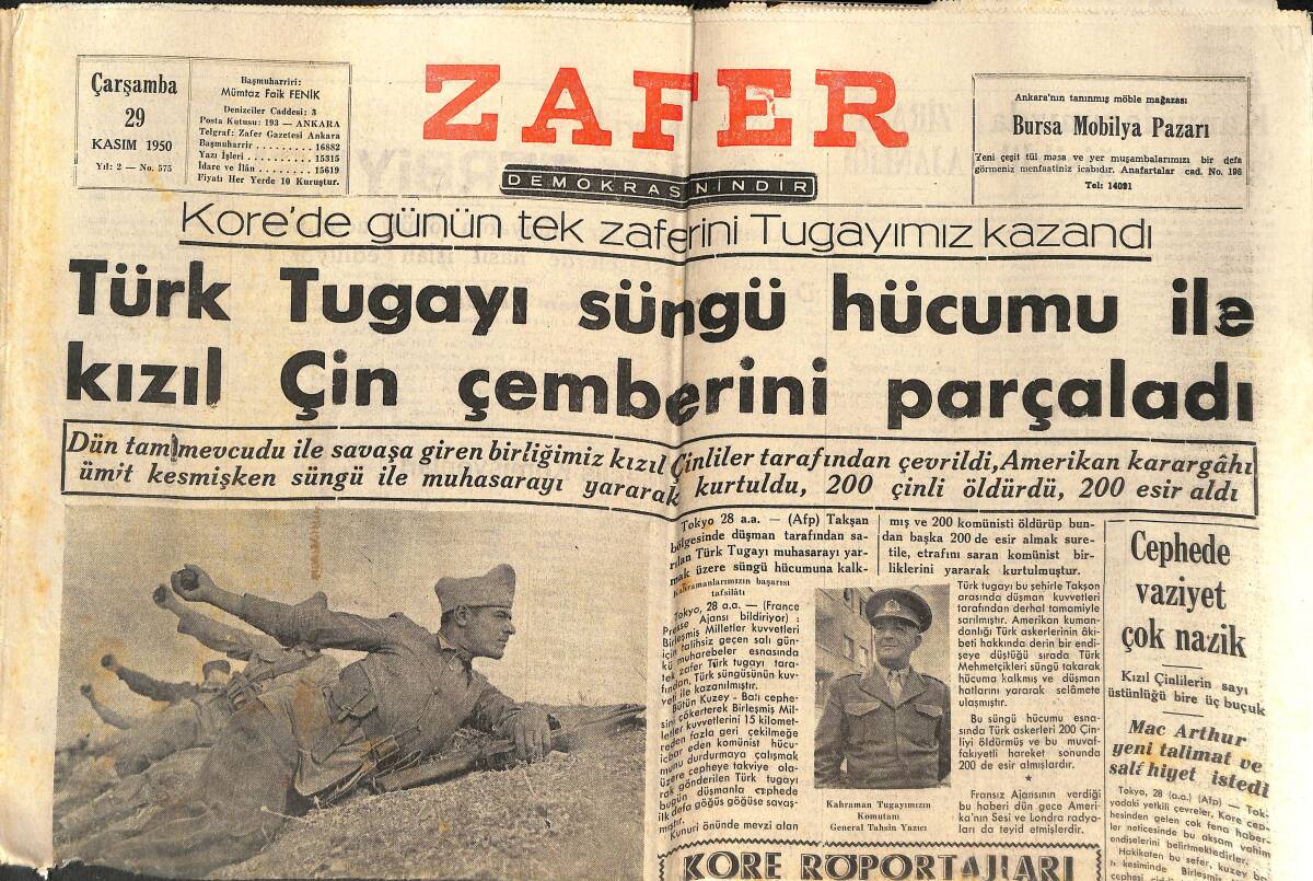 Zafer Gazetesi 29 Kasım 1950 - Türk Tugayı Süngü Hücumu İle Kızıl Çin Çemberini Parçaladı - Kızıl Kore'de Süngü Korkusu GZ142525 - 1