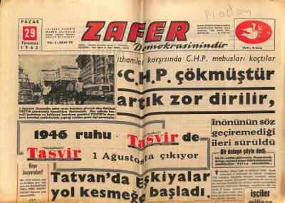 Zafer Gazetesi 29 Temmuz 1962 - CHP Çökmüştür Artık Zor Dirilir GZ66043 - 1