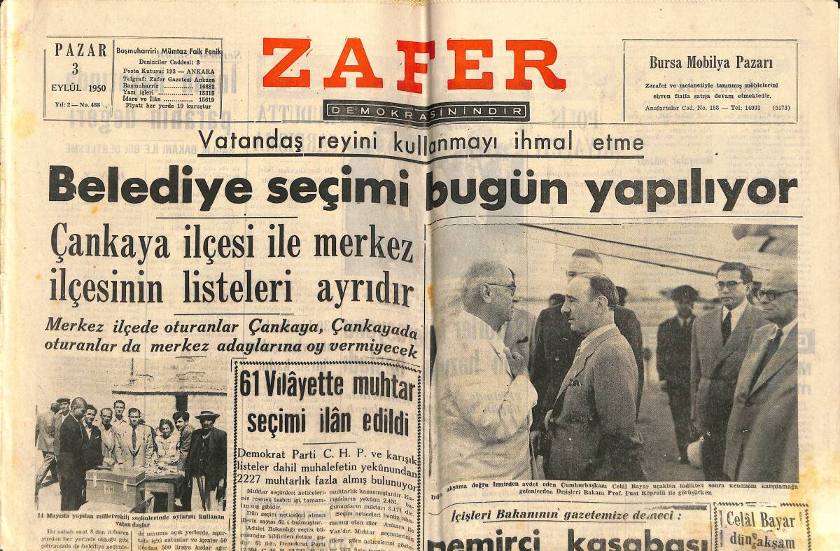 Zafer Gazetesi 3 Eylül 1950 - Belediye Seçimi Bugün Yapılıyor - Güzellik Kraliçesi Güler Arıman, Güzellik Müsabakası İçin İtalya'ya Gidecek GZ141418 - 1