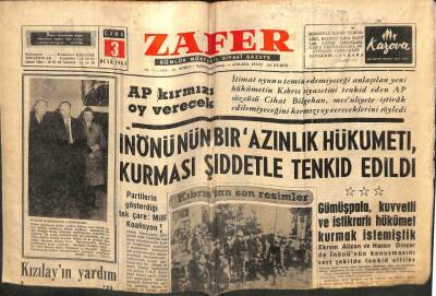 Zafer Gazetesi - 3 Ocak 1964 - İnönünün Bir Azınlık Hükümeti Kurması Şiddetle Tenkid Edildi GZ110708 - 1