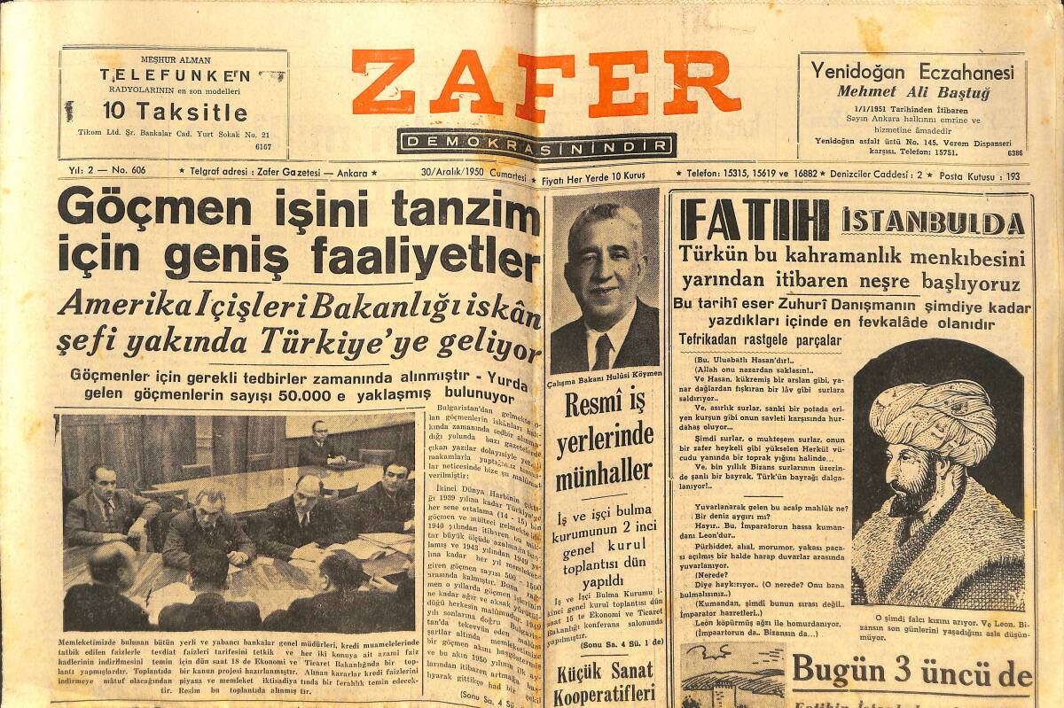 Zafer Gazetesi 30 Aralık 1950 - Yavru Fil Mohini Geldi - Toprak Ve Iskan Bakanlığı Davası - Farabi İçin İhtilaller Yapıldı GZ142567 - 1