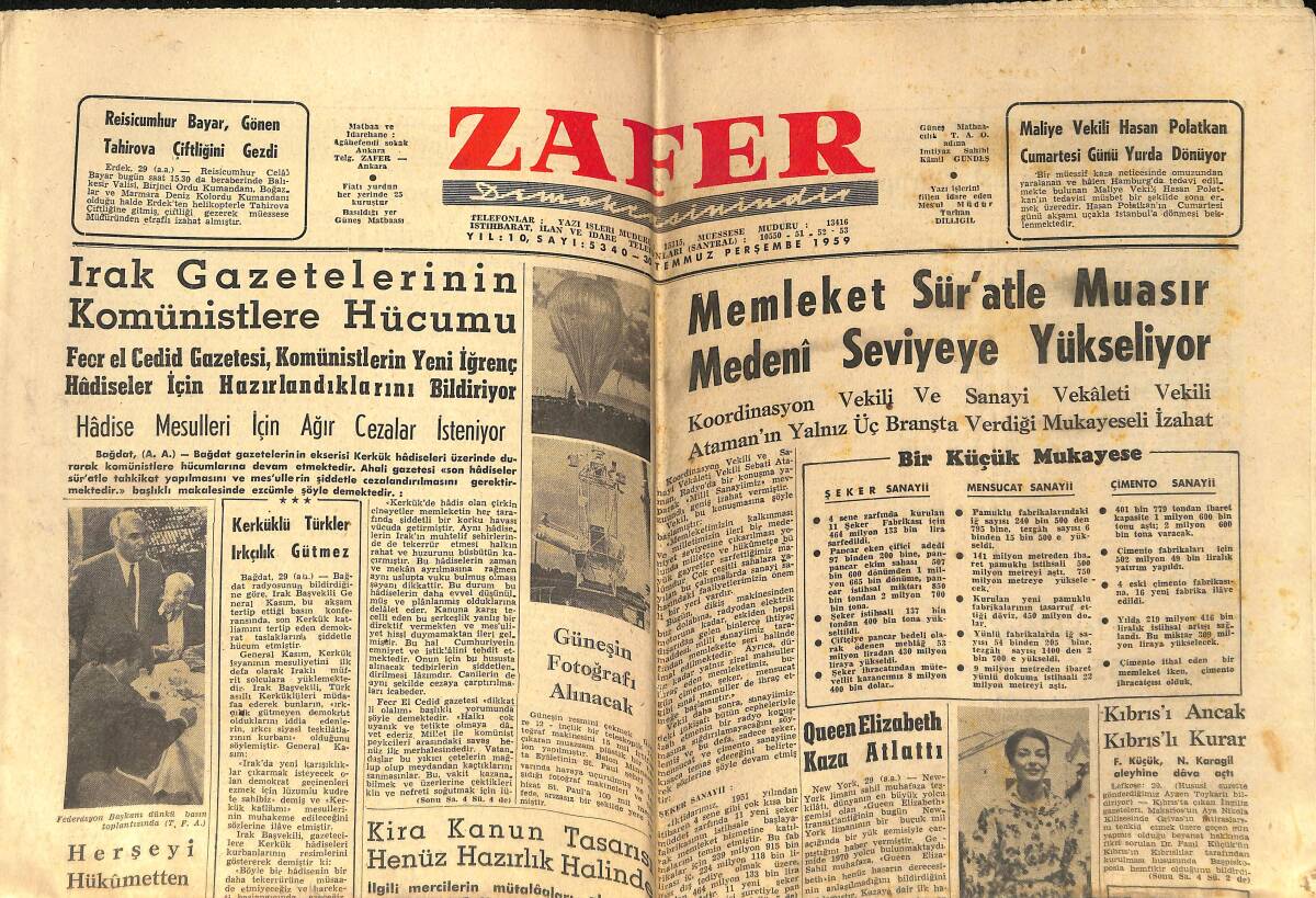 Zafer Gazetesi 30 Temmuz 1959 - Dünyanın En Büyük Yolcu Gemisi Queen Elizabeth Kaza Atlattı - Dr. Fazıl Küçük 