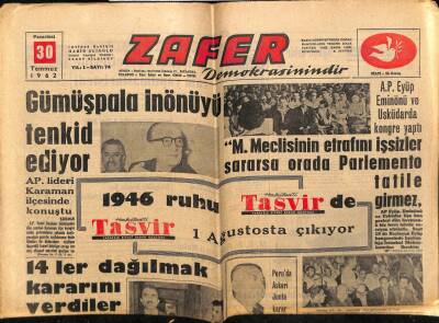 Zafer Gazetesi 30 Temmuz 1962 - 14ler Dağılmak Kararı Verdiler GZ66044 - 1