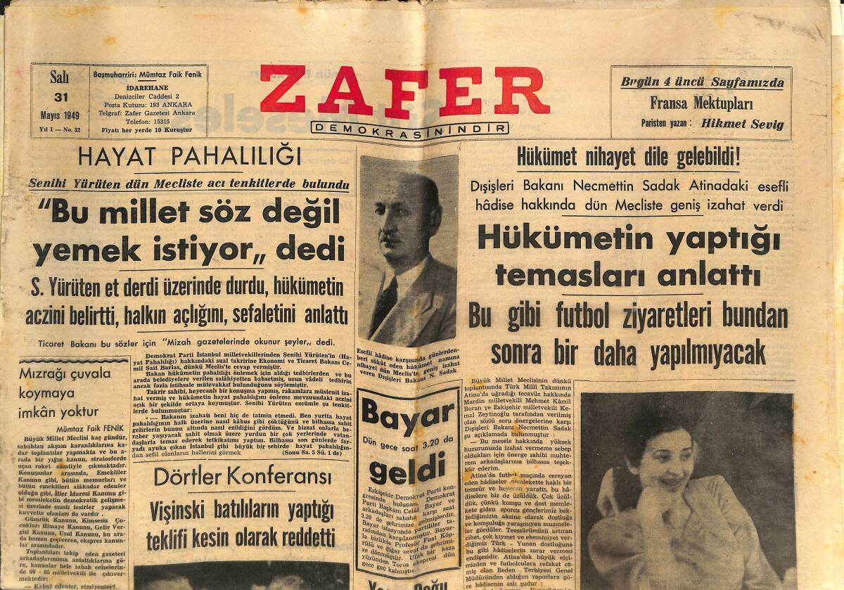 Zafer Gazetesi 31 Mayıs 1949 - Galatasaray Takımı Dün Şehrimize Geldi - Vişinski Batılıların Yaptığı Teklifi Kesin Olarak Reddetti GZ146646 - 1