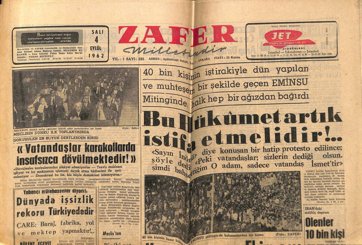 Zafer Gazetesi 4 Eylül 1962 - Galatasaray Bükreş'e Gitti - Dünyada İşsizlik Rekoru Türkiye'de GZ148897 - 1