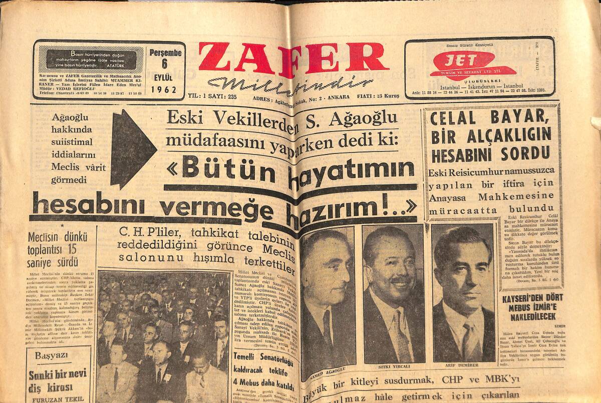 Zafer Gazetesi 6 Eylül 1962 - Celal Bayar Bir Alçaklığın Hesabını Sordu - Eminsu'ların Orduya Dönmesi İçin Kanun Teklifi Hazırlandı GZ148927 - 1